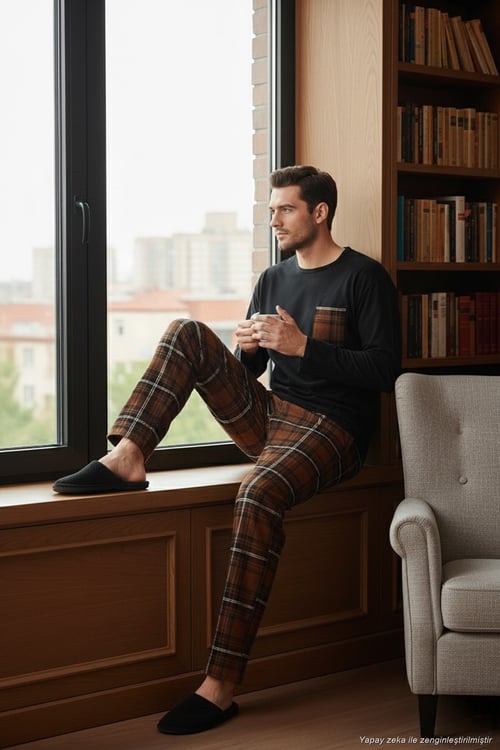Ekoseli Cepli Beli Lastikli % 100 Pamuk Regular Fit Erkek Pijama Takımı 6572001 SİYAH-KAHVE