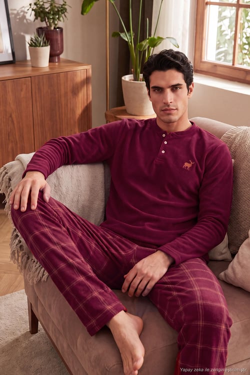 Ekoseli Düğmeli Bisiklet Yaka Yumuşak Polar Erkek Pijama Takımı 6097019 BORDO