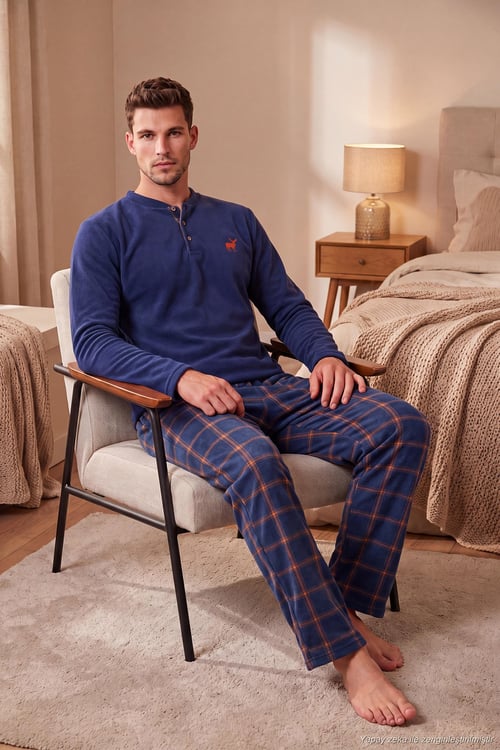 Ekoseli Düğmeli Bisiklet Yaka Yumuşak Polar Erkek Pijama Takımı 6097019 İNDİGO