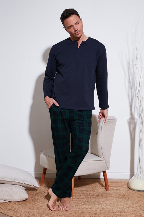Ekoseli Pamuklu Beli Lastikli Regular Fit Uzun Kollu Erkek Pijama Takımı 6572003 LACİVERT