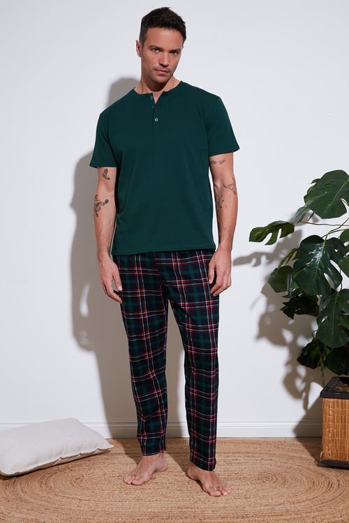 Ekoseli Pamuklu Beli Lastikli Regular Fit Kısa Kollu Erkek Pijama Takımı 6572004 YEŞİL