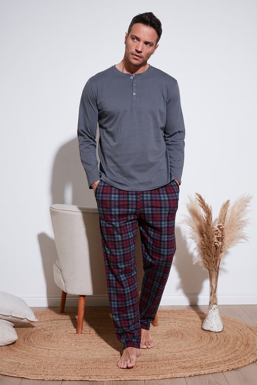 Ekoseli Pamuklu Beli Lastikli Regular Fit Uzun Kollu Erkek Pijama Takımı 6572003 FÜME