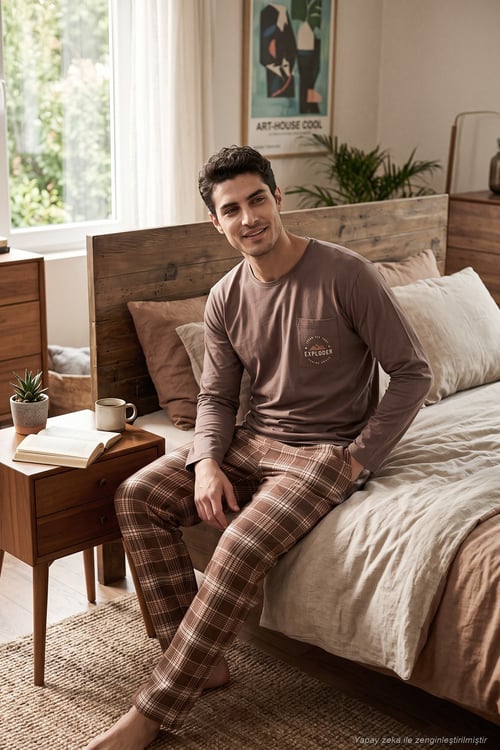 Ekoseli Pamuklu Bisiklet Yaka Erkek Pijama Takımı 6575007 KAHVE