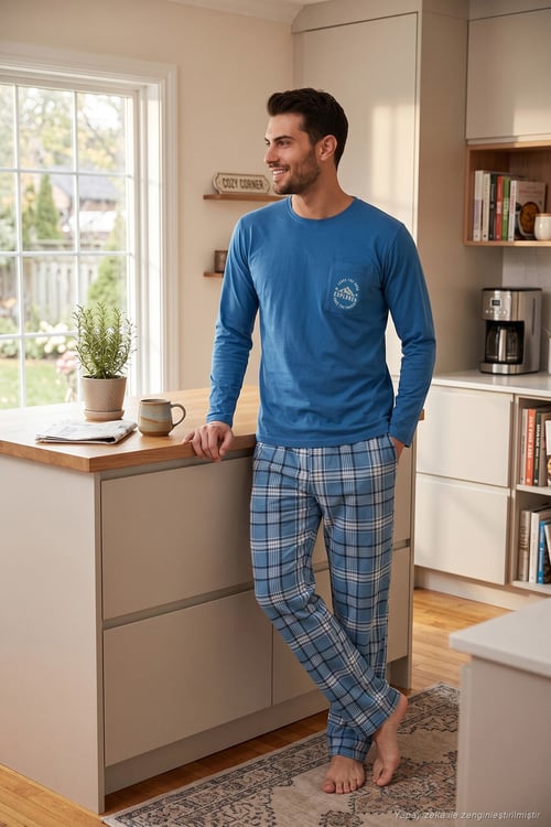 Ekoseli Pamuklu Bisiklet Yaka Erkek Pijama Takımı 6575007 MAVİ