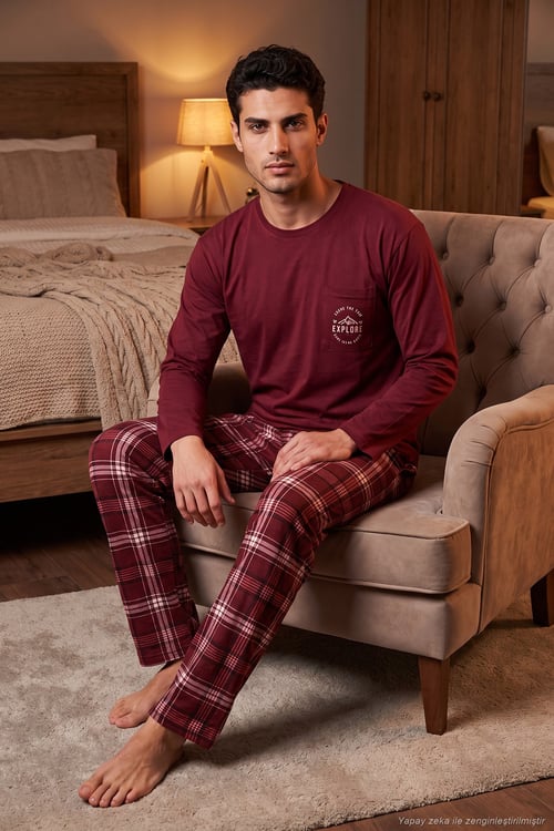 Ekoseli Pamuklu Bisiklet Yaka Erkek Pijama Takımı 6575007 BORDO
