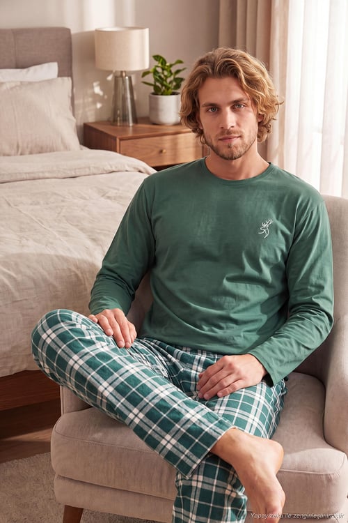Ekoseli Pamuklu Bisiklet Yaka Uzun Kollu Erkek Pijama Takımı 6575003 YEŞİL