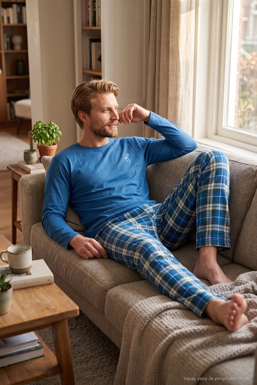 Ekoseli Pamuklu Bisiklet Yaka Uzun Kollu Erkek Pijama Takımı 6575003 İNDİGO