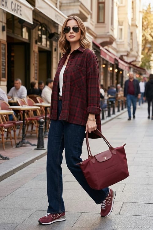 Ekoseli Pamuklu Oversize Fit Klasik Yaka Kadın Gömlek 6835002 MÜRDÜM