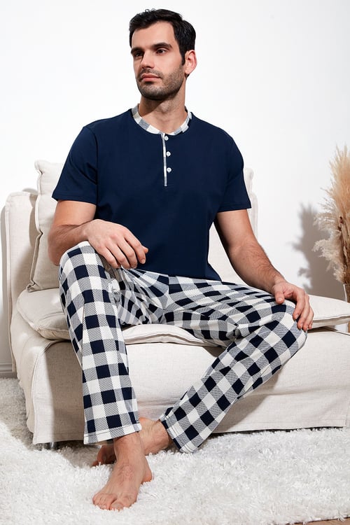 Ekoseli Pamuklu Regular Fit Kısa Kollu Erkek Pijama Takımı 60961007 LACİVERT-BEYAZ