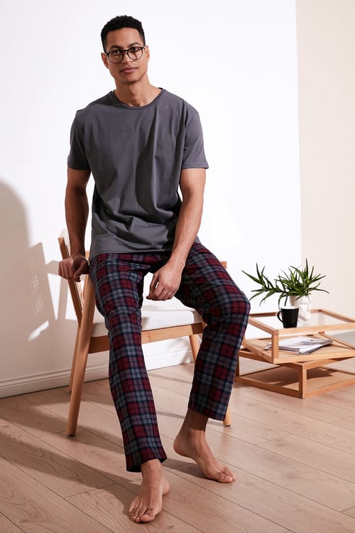 Ekoseli Pamuklu Regular Fit Kısa Kollu Erkek Pijama Takımı 6572006 FÜME