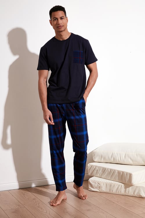 Ekoseli Pamuklu Regular Fit Kısa Kollu Erkek Pijama Takımı 6572002 LACİVERT-SAKS