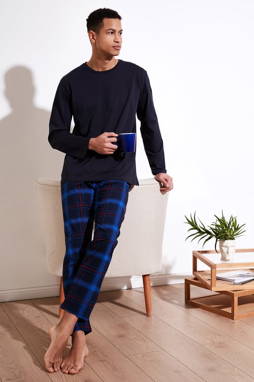 Ekoseli Pamuklu Regular Fit Uzun Kollu Erkek Pijama Takımı 6572005 LACİVERT-SAKS