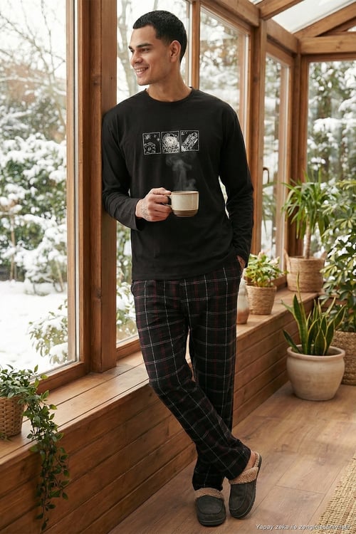 Ekoseli Pamuklu Regular Fit Yüksek Bel Bisiklet Yaka Erkek Pijama Takımı 6574000 SİYAH