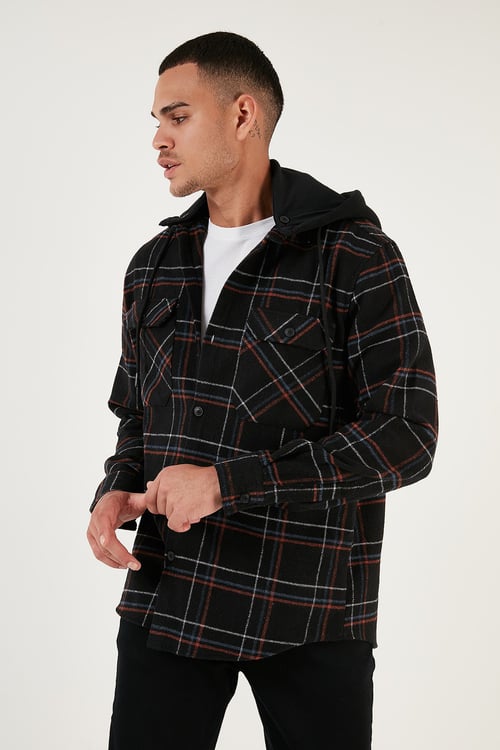 Ekoseli Regular Fit Çıkarılabilir Kapüşonlu Kışlık Erkek Gömlek CF24W126985 SİYAH