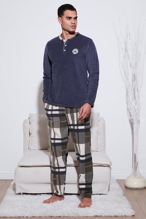 Ekoseli Regular Fit Düğmeli Bisiklet Yaka Kışlık Polar Erkek Pijama Takımı 60961008 GRİ