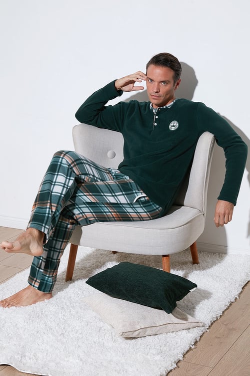 Ekoseli Regular Fit Düğmeli Bisiklet Yaka Kışlık Polar Erkek Pijama Takımı 60961008 YEŞİL