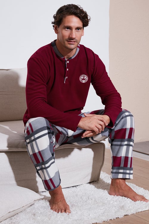 Ekoseli Regular Fit Düğmeli Bisiklet Yaka Kışlık Polar Erkek Pijama Takımı 60961008 BORDO