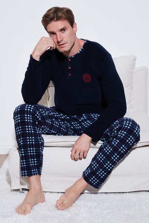 Ekoseli Regular Fit Düğmeli Bisiklet Yaka Kışlık Polar Erkek Pijama Takımı 60961002 LACİVERT