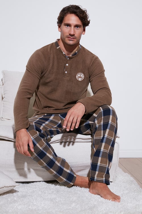 Ekoseli Regular Fit Düğmeli Bisiklet Yaka Kışlık Polar Erkek Pijama Takımı 60961008 CAMEL