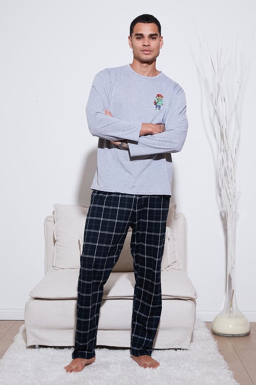 Ekoseli Regular Fit Yüksek Bel Cepli Bisiklet Yaka Erkek Pijama Takımı 6574002 GRİ