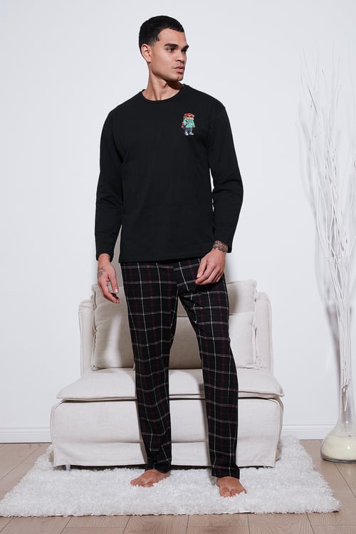 Ekoseli Regular Fit Yüksek Bel Cepli Bisiklet Yaka Erkek Pijama Takımı 6574002 SİYAH-SİYAH