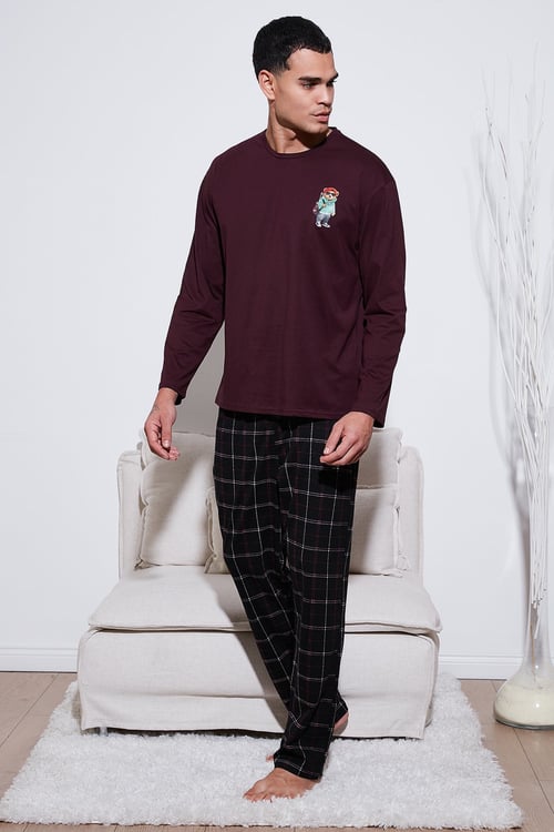Ekoseli Regular Fit Yüksek Bel Cepli Bisiklet Yaka Erkek Pijama Takımı 6574002 SİYAH-BORDO