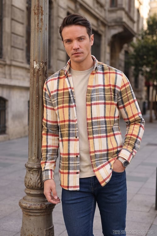 Ekoseli Uzun Kollu Slim Fit Kışlık Erkek Gömlek CF21W112844 HARDAL