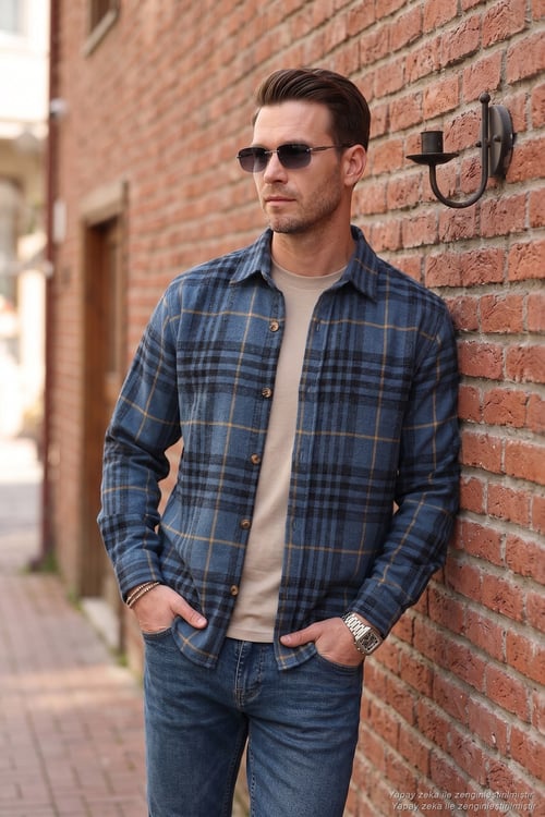 Ekoseli Uzun Kollu Slim Fit Kışlık Erkek Gömlek CF21W112844 İNDİGO