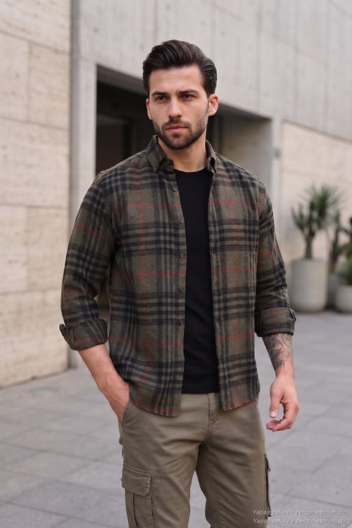 Ekoseli Uzun Kollu Slim Fit Kışlık Erkek Gömlek CF21W112844 HAKİ