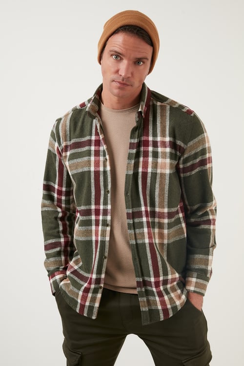 Ekoseli Uzun Kollu Slim Fit Kışlık Erkek Gömlek CF21W112844 HAKİ-BEJ