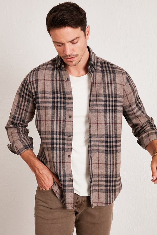 Ekoseli Uzun Kollu Slim Fit Kışlık Erkek Gömlek CF21W112844 CAMEL