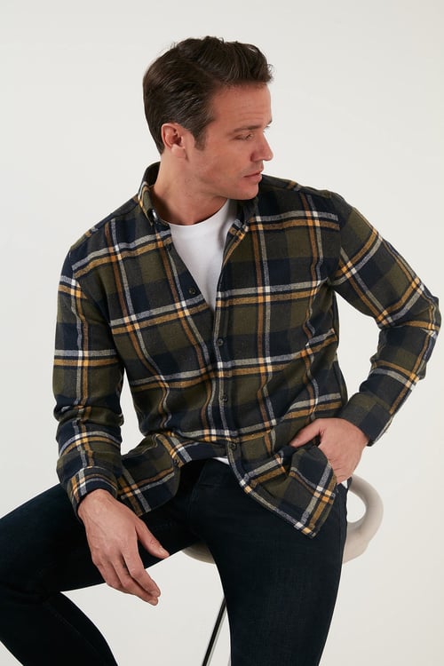 Ekoseli Uzun Kollu Slim Fit Kışlık Erkek Gömlek CF21W112844 HAKİ-SARI