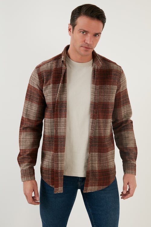 Ekoseli Uzun Kollu Slim Fit Kışlık Erkek Gömlek CF21W112844 VİZON