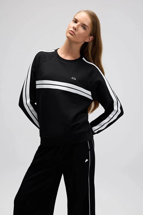 Ellesse Logolu Şerit Detaylı Pamuklu Regular Fit Bisiklet Yaka Kadın Sweat EF536-BK SİYAH