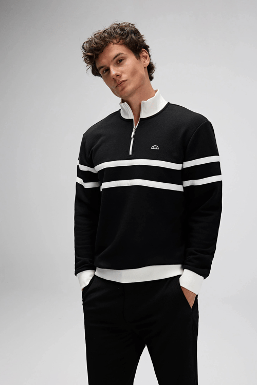 Ellesse Şeritli Pamuklu Regular Fit Yarım Fermuarlı Dik Yaka Erkek Sweat EM619-BK SİYAH