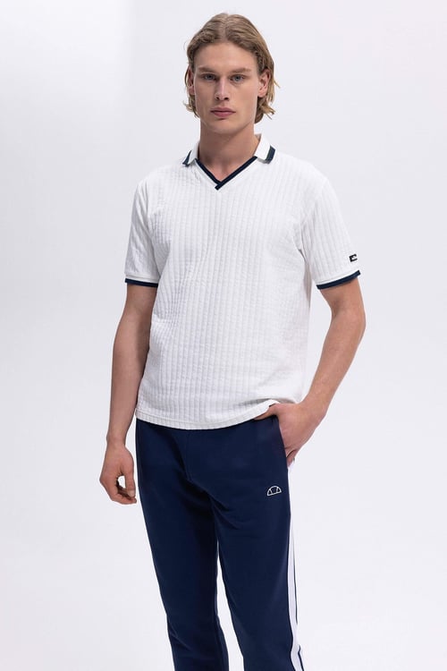 Ellesse Streç Pamuklu Regular Fit Şerit Detaylı Erkek Polo Yaka T Shirt EM491-OF BEYAZ