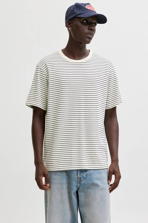 Essentials Jjedover Pamuklu Relaxed Fit Çizgili Erkek T Shirt 12288015 KREM-LACIVERT