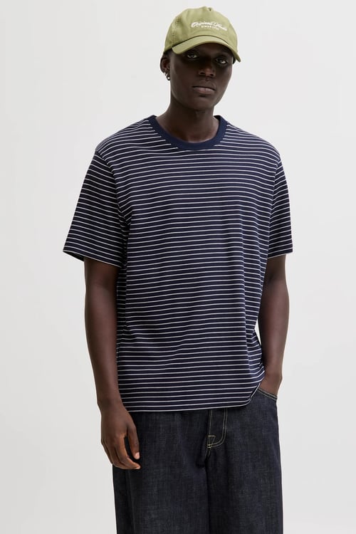 Essentials Jjedover Pamuklu Relaxed Fit Çizgili Erkek T Shirt 12288015 LACİVERT-BEYAZ