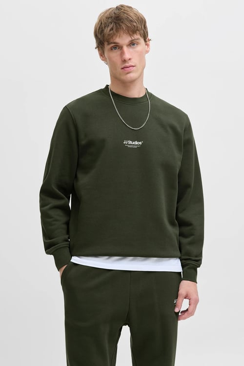 Essentials Jjesoho Pamuklu Regular Fit Bisiklet Yaka Erkek Sweat 12278791 KOYU YEŞİL