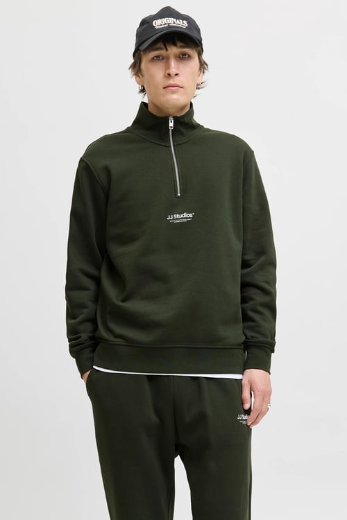 Essentials Jjesoho Pamuklu Regular Fit Fermuarlı Dik Yak Erkek Sweat 12278793 KOYU YEŞİL
