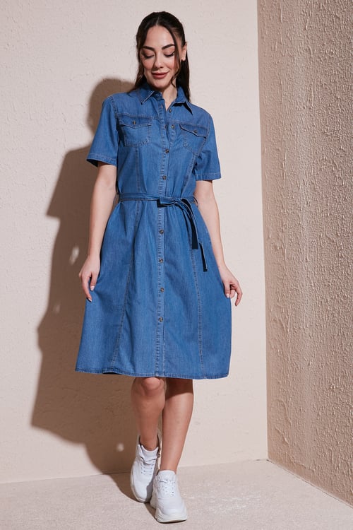Fashion Friends % 100 Pamuk Standart Fit Kısa Kollu Mini Boy Denim Bayan Elbise 25Y0108K1 MAVİ