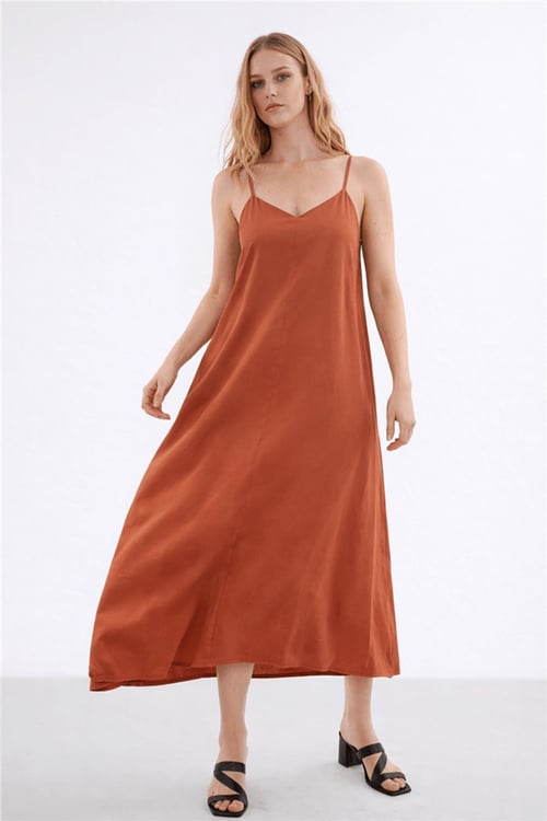 Fashion Friends A Kesim V Yaka Askılı Modal Midi Kadın Elbise 26Y0501K1 KİREMİT