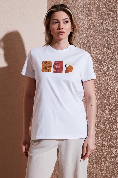 Fashion Friends Baskılı % 100 Pamuk Regular Fit Bisiklet Yaka Bayan T Shirt 25Y0300K1 BEYAZ
