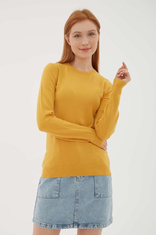Fashion Friends Bisiklet Yaka Slim Fit İnce Triko Bayan Kazak 23K0777K1 HARDAL