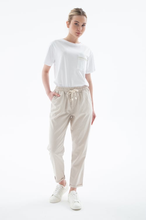 Fashion Friends Comfort Fit Lastikli Çizgili Bayan Pantolon 25Y0344K1 BEJ