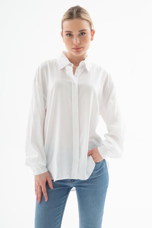 Fashion Friends Pamuklu Comfort Fit Önü Kısa Arkası Uzun Kadın Gömlek 25Y0051K1 BEYAZ