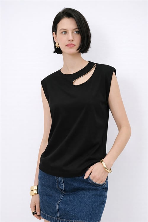 Fashion Friends Pamuklu Pencere Detaylı Taşlı Kadın Bluz 26Y0165K1 SİYAH