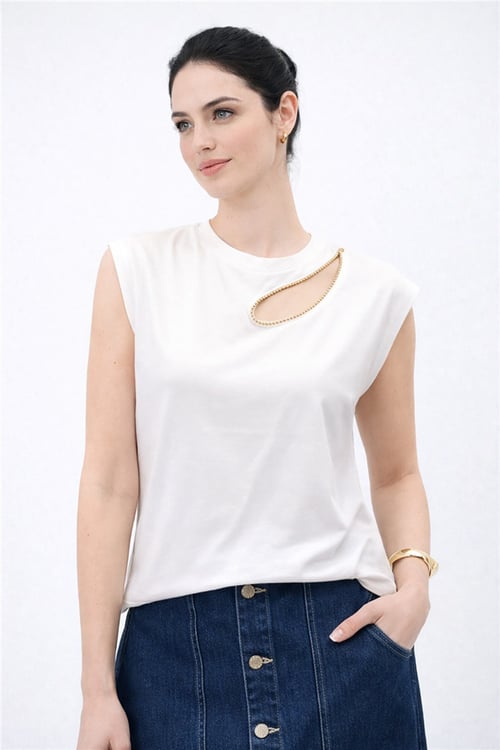 Fashion Friends Pamuklu Pencere Detaylı Taşlı Kadın Bluz 26Y0165K1 EKRU