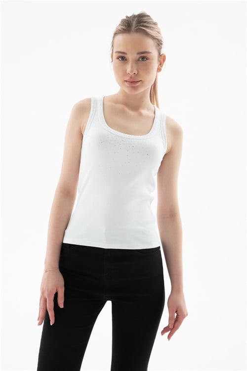 Fashion Friends Pamuklu Taş Detaylı Yuvarlak Yaka Kadın Atlet 26Y0486K1 BEYAZ