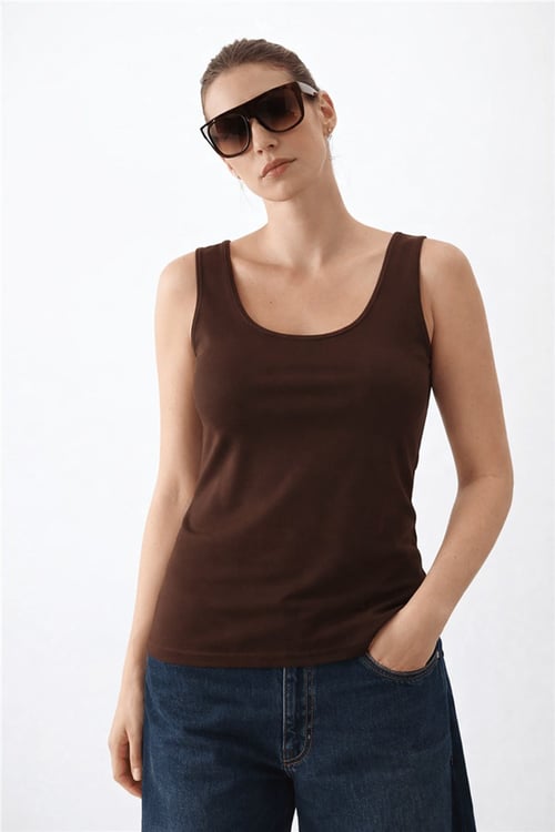 Fashion Friends Pamuklu Yuvarlak Yaka Dar Kadın Atlet 26Y0266K1 KAHVE